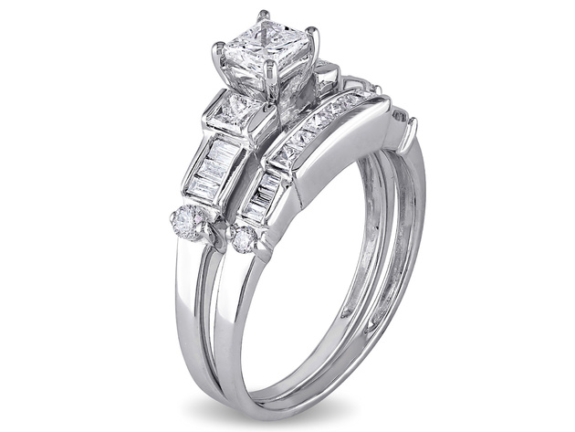 Princess Cut 1.0 Carat (ctw Color G-H Clarity I2_I3) Diamond Engagement Ring & Wedding Band  14K White Gold - 10
