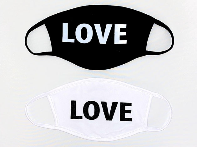 Two face masks with "LOVE" written on them