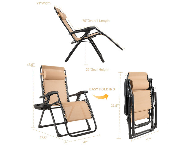 Costway Oversize Lounge Chair Patio Heavy Duty Folding Recliner Gray - Beige