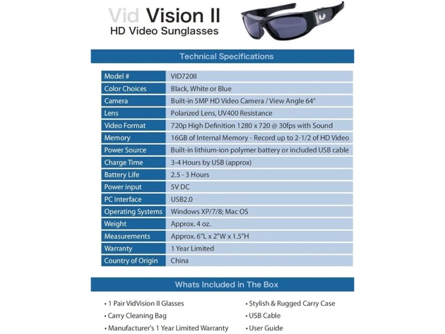 Vidvision VID720IIB Ii 720p Recording Sunglasses Plastic and Metal - Black (New)