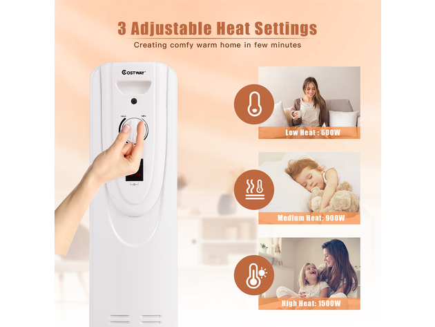Costway 1500W Oil Filled Heater Portable Radiator Space Heater w/ 3 Heating Modes Indoor - White