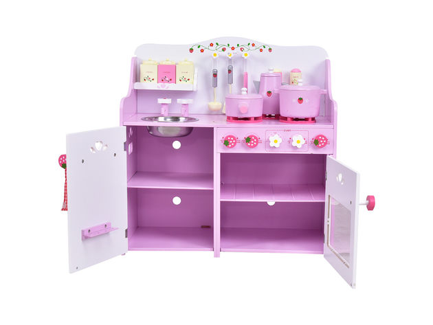 Costway Kids Wooden Play Set Kitchen Toy Strawberry Pretend Cooking Playset Toddler - Pink&White