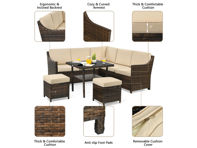 Costway 6PCS Patio Rattan Dining Sofa Furniture Set Ottoman Table Lower Shelf - Beige