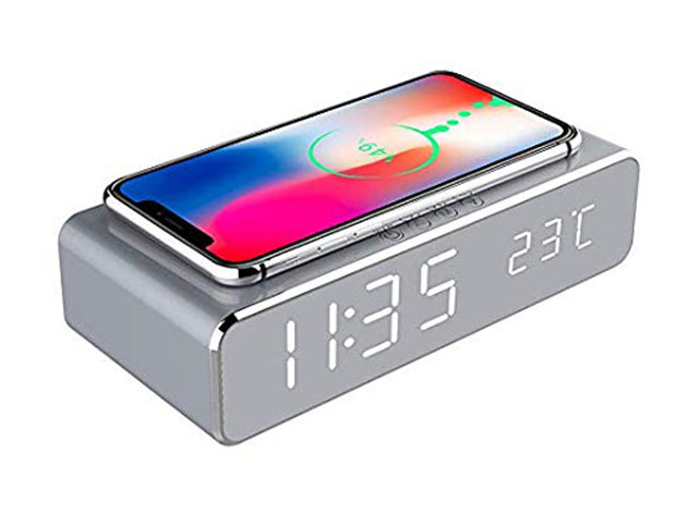 Alarm Clock with Wireless Charging (Silver)