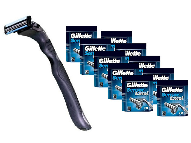 Gillete 10-Count Compatible Razor Handle + Sensor Refill Blade Cartridges Set (1 Razor + 10-Pack of Blades)