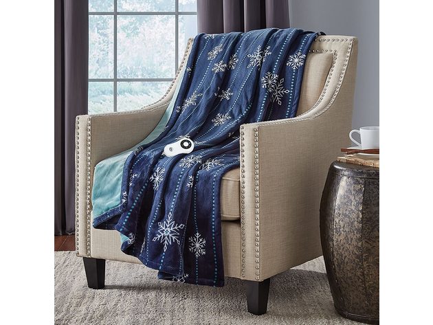 Serta Silky Plush Electric Heated Warming Throw Blanket - Snowflake Navy Blue