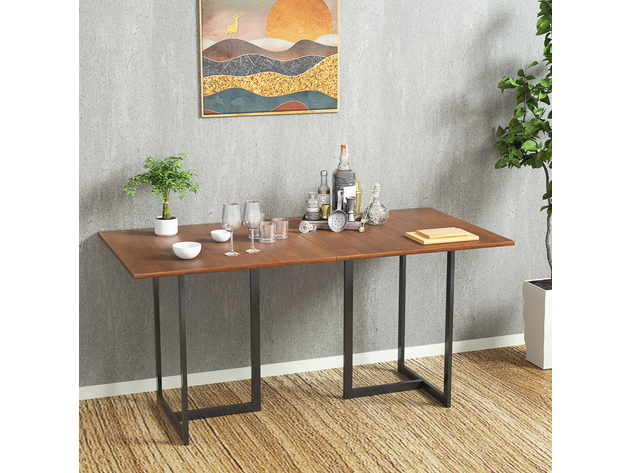 Costway 63'' Console Dining Table Rectangular Kitchen Table w/ Metal Frame and Wood Top - Brown