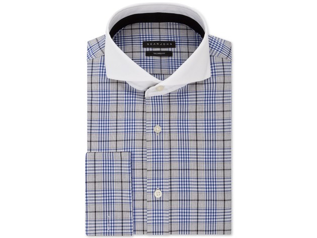 Sean John Men's Blue Plaid French Cuff Dress Shirt Navy Size 16-34-35