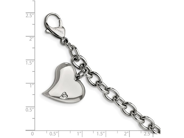 Stainless Steel Heart Charm Link Bracelet 7.5 Inches