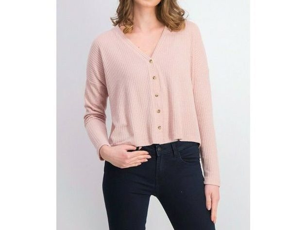 Hippie Rose Juniors' Women's Oversized Waffle-Knit Cardigan Pink Size Extra Small
