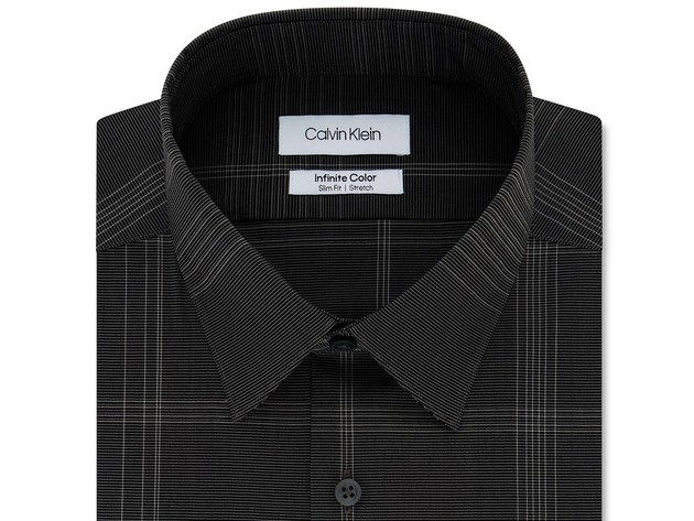 Calvin Klein Men's Infinite Color Slim-Fit Non-Iron Stretch Check Dress Shirt Gray Size 14-32-33