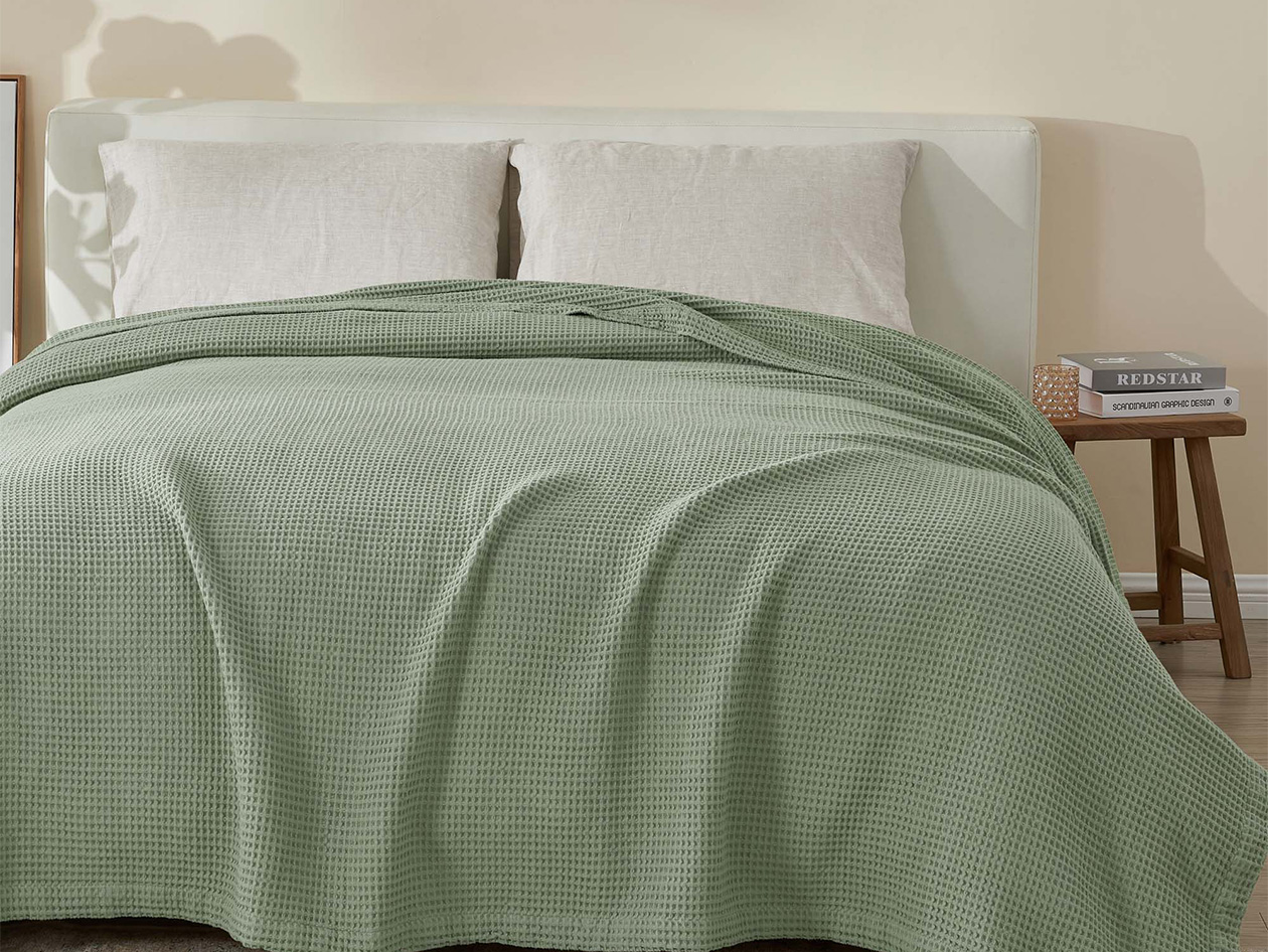 Vintage Cotton Waffle Blanket (Queen/Sage)