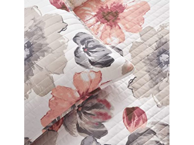Lush Decor Polyester Quilt Floral 3 Piece Reversible, Full/Queen - Coral & Gray