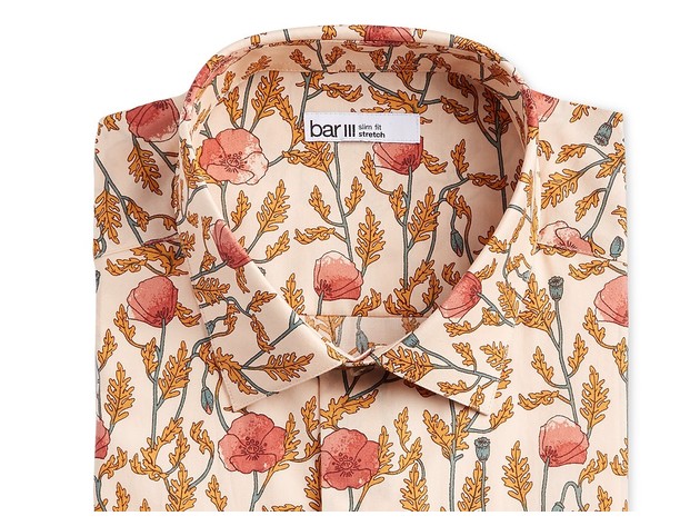 Bar III Men's Slim-Fit Stretch Large Poppy-Print Dress Shirt, Beigekhaki Size 15-32-33