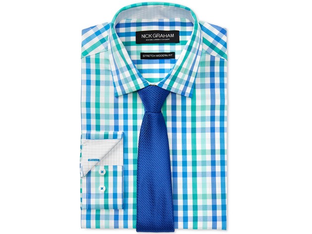 Nick Graham Men's Slim-Fit Stretch Easy-Care Multi Check Dress Shirt & Textured Solid Tie Set Green Size 34-35