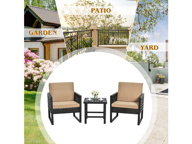 Costway 3 Piece Patio Rattan Bistro Furniture Set Cushioned Sofa Chair Coffee Table Garden