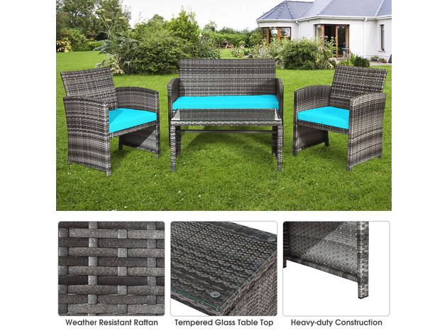 Costway 4 Piece Patio Rattan Furniture Set Conversation Glass Table Top Cushioned Turquoise