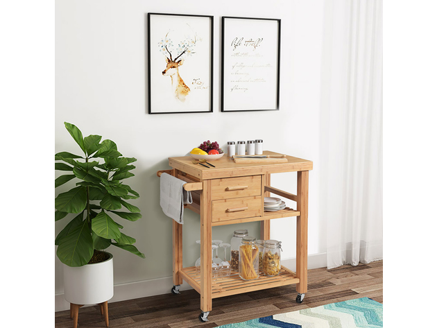 Costway Bamboo Kitchen Trolley Cart Wood Rolling Island w/ Tower Rack & Drawers 