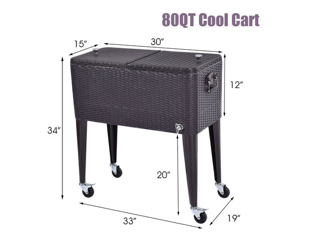 Costway Outdoor Rattan 80QT Party Portable Rolling Cooler Cart Ice Beer Beverage Chest