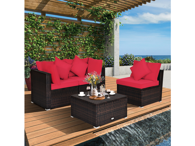 Costway 4 Piece Patio Rattan Wicker Furniture Set Cushioned Sofa Ottoman Garden - Red