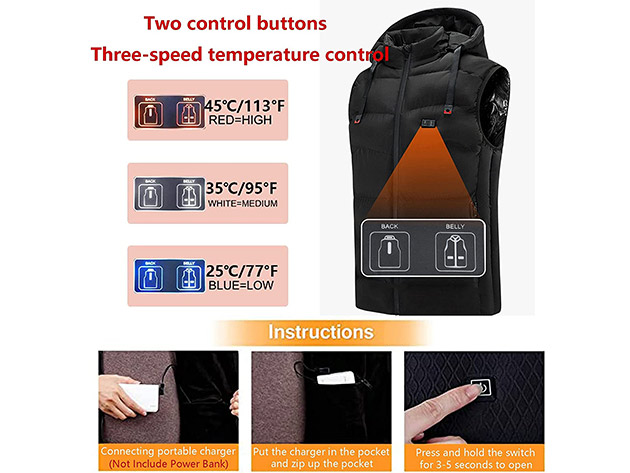 Be Warm Heated Vest with Hoodie - Requires Power Bank, Not Included (Black/Medium)