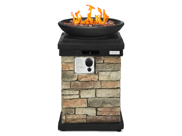 Costway Patio Propane Burning Fire Bowl Column W/ Lava Rocks & Cover 40,000 BTU - Natural Stone