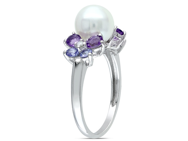 White Freshwater Cultured Pearl 8-8.5mm with Diamond and Tanzanite and Amethyst Ring In Sterling Silver - 9