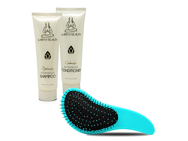 Biotin Infused Shampoo & Conditioner + Hair Detangle Brush (Turquoise)