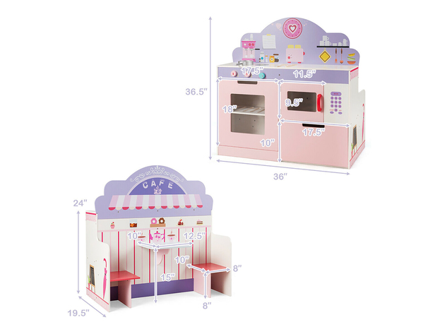 Costway 2 in 1 Kids Play Kitchen & Cafe Restaurant Wooden Pretend Cooking Playset Toy