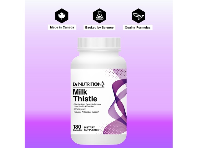 Dr Nutrition 360 Milk Thistle - Standardized Extract to Promote Liver Health and Function, 180 Capsules, 3 Months Supply Dietary Supplement