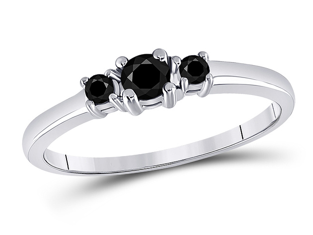 1/4 Carat (ctw I2-I3) Black Diamond Three Stone Ring in 10K White Gold - 8