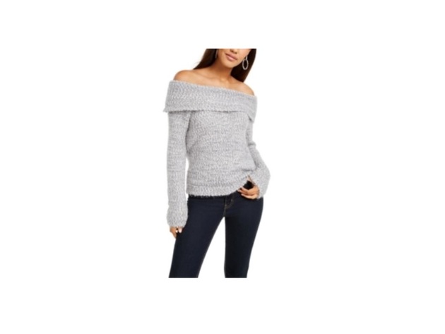 Freshman Juniors' Off-The-Shoulder Fuzzy Sweater Gray Size Large