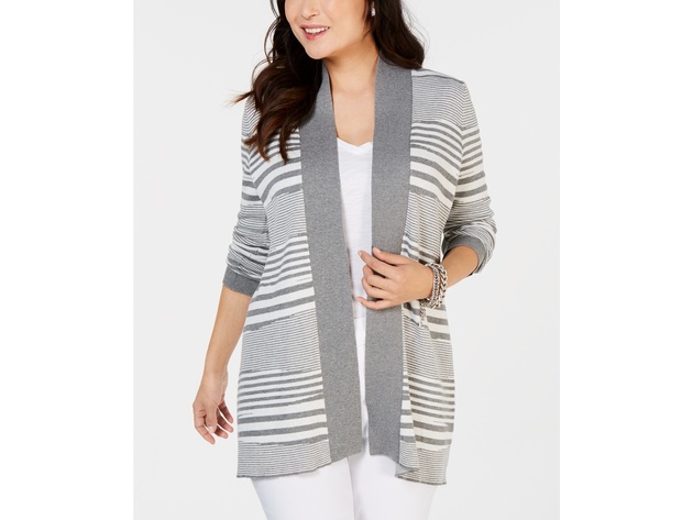 Charter Club Women's Petite Striped Sweater Cardigan Grey Size Small