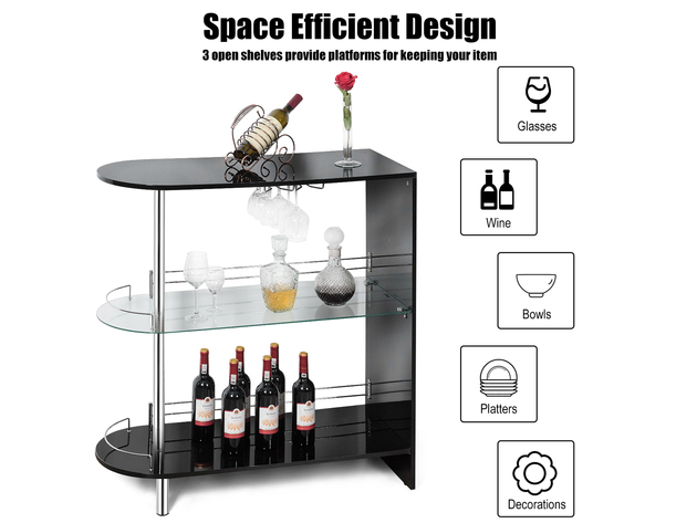 Costway Bar Table Wine Storage Unit w/Tempered Glass Shelf & Glass Holders Glossy Black