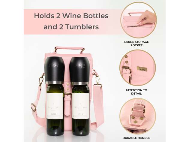 Pink Insulated Genuine Leather Wine Tote Bag & 2 Wine Tumblers. Wine Purse Wine Gift For Women